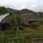 a two huts in a field